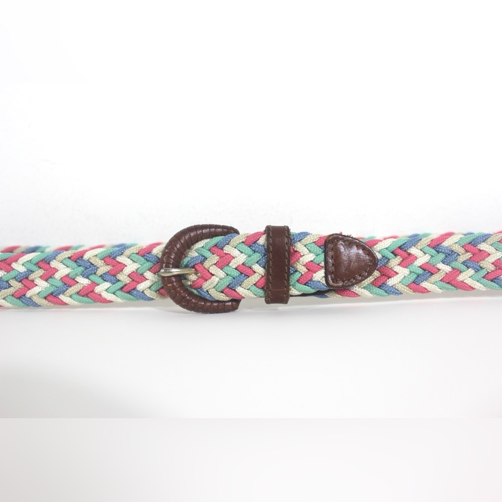 woven cord Belt with Warm Brown Leather Buckle and Tip Pink Green Blue Aqua